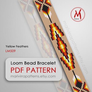 Patrón de cuentas para pulsera con plumas amarillas en telar: cuentas tejidas con telar de inspiración nativa, cuentas Miyuki tamaño 11/0 - Descarga instantánea en PDF #LM509