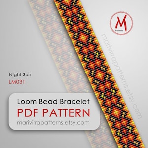 May include: A loom bead bracelet pattern with a colorful design in shades of orange, yellow, black, and red. The pattern is called "Night Sun" and the pattern number is LM031. The pattern is available as a PDF download.