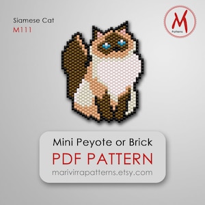Wzór koralików Peyote z motywem kota syjamskiego na kolczyki lub broszkę - Miniaturowa zawieszka z kotami, tkane cegły, koraliki 11/0 - PDF do natychmiastowego pobrania #M111