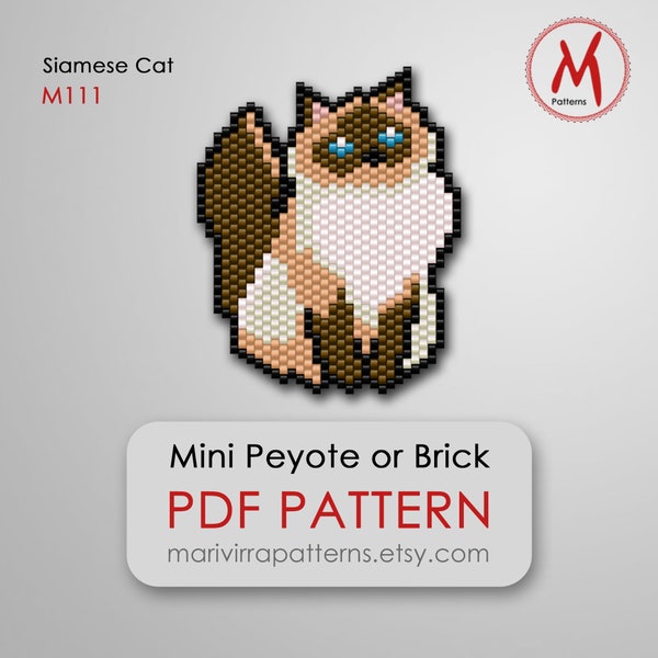 Siamese cat Peyote bead pattern for earrings or brooch pin - Cats mini pendant brick weaving, beads 11/0 size - PDF instant download #M111