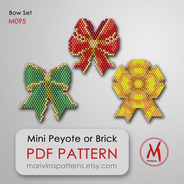 Bow Ribbon Set of 3 Brick bead patterns for earrings or brooch pin - peyote weave, miyuki delica seed bead 11/0 - PDF instant download #M095