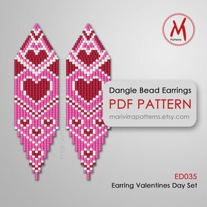 Valentine's Day bead pattern for Dangle Earrings - pink colors inspired, love heart style, miyuki delica bead 11/0 size, PDF download #ED035
