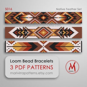 May include: Three loom bead bracelet patterns featuring a Native American feather design in brown, orange, yellow, white, and black. The patterns are labeled "Native Feather Set" and "S016". The image also includes the text "Loom Bead Bracelets 3 PDF PATTERNS marivirrapatterns.etsy.com" and a logo with the letter "M" and the word "Patterns".