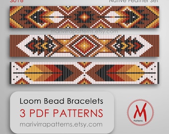 Native Feather Loom bead patterns for bracelets - Set of 3 pattern, west inspired, cowboy style, beads 11/0 - PDF instant download #S016