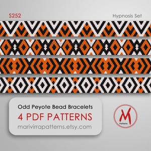 May include: Four beaded bracelet patterns in orange, black, and white. The bracelets feature geometric designs. The image includes the text "Odd Peyote Bead Bracelets 4 PDF PATTERNS" and the Etsy shop URL.
