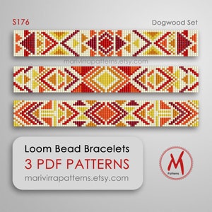 May include: Three loom bead bracelet patterns in a geometric design with red, orange, yellow, and white beads. The patterns are labeled "Dogwood Set" and the text "3 PDF PATTERNS" is included. The image also includes the website "marivirrapatterns.etsy.com".