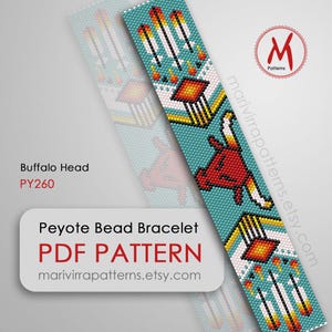 Buffalo Head Peyote-pärlmönster för armband - Inspirerad av infödda, broderat tjurmönster, mönster med breda udda antal, idé för hattband, PDF-nedladdning #PY260