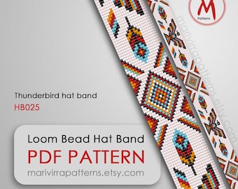 Thunderbird Loom bead pattern for hat band, Loomed stitch, native west inspired style, miyuki beads 11/0 size, PDF instant download #HB025
