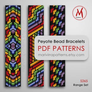 May include: Three colorful peyote bead bracelet patterns in a PDF format. The patterns feature geometric designs with a rainbow color scheme. The text "Peyote Bead Bracelets PDF PATTERNS marivirrapatterns.etsy.com $265 Range Set" is displayed on the image.
