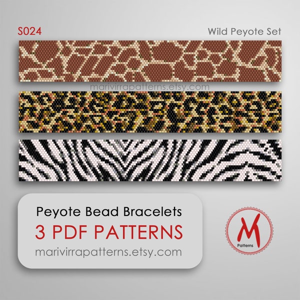 Wild Peyote Set bead pattern for 3 bracelet - Zebra, Giraffe, Leopard Print patterns, seed beads 11/0 size - PDF instant download #S024