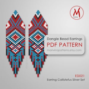 May include: A pair of dangle bead earrings with a geometric pattern in red, white, and blue. The earrings are a PDF pattern. The text on the image reads "Dangle Bead Earrings PDF Pattern" and "marivirrapatterns.etsy.com". The earrings are labeled "ED021 Earring Callistefus Silver Set".