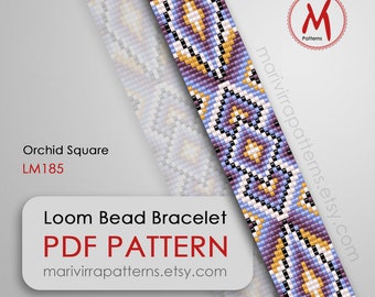Patrón de cuentas Orchid Square Loom para pulsera - inspiración nativa, estilo oeste, azul violeta, cuenta miyuki tamaño 11/0 - Descarga instantánea PDF #LM185