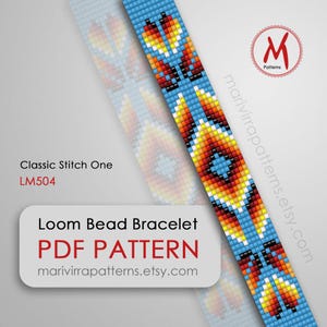 Classic Stitch One Loom bead pattern for bracelet - Native inspired, hatband idea, blue turquoise, beads 11/0 size - PDF download #LM504