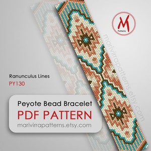 May include: A peyote bead bracelet pattern with a geometric design in shades of brown, peach, cream, and turquoise. The pattern is called "Ranunculus Lines" and has the code PY130. The pattern is available as a PDF download.