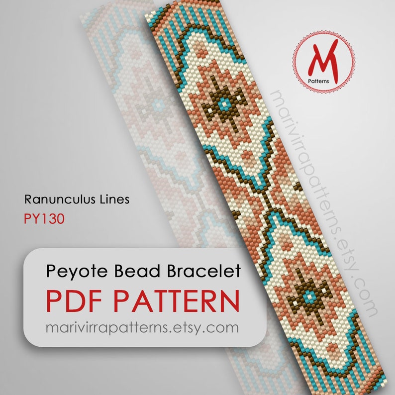 May include: A peyote bead bracelet pattern with a geometric design in shades of brown, peach, cream, and turquoise. The pattern is called "Ranunculus Lines" and has the code PY130. The pattern is available as a PDF download.