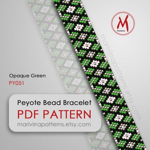 Opaque Green colors Peyote bead pattern for bracelet - Easy pattern for beginners, odd count, seed beads 11/0 size - PDF instant download