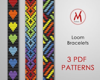 Rainbow Loom bead patterns for bracelets - Set of 3 pattern, 7 colors, bright bracelet, miyuki seed beads 11/0 size - PDF instant download