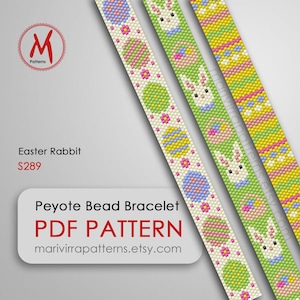 May include: Three peyote bead bracelet patterns featuring Easter bunnies and eggs in shades of green, yellow, pink, and blue. The patterns are labeled "Easter Rabbit" and "$289". The text "Peyote Bead Bracelet PDF PATTERN marivirrapatterns.etsy.com" is also included.