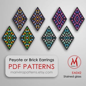 May include: Six different beading patterns for diamond-shaped earrings. The patterns are colorful and geometric. The text on the image reads "Peyote or Brick Earrings PDF PATTERNS marivirrapatterns.etsy.com EA042 Stained glass".
