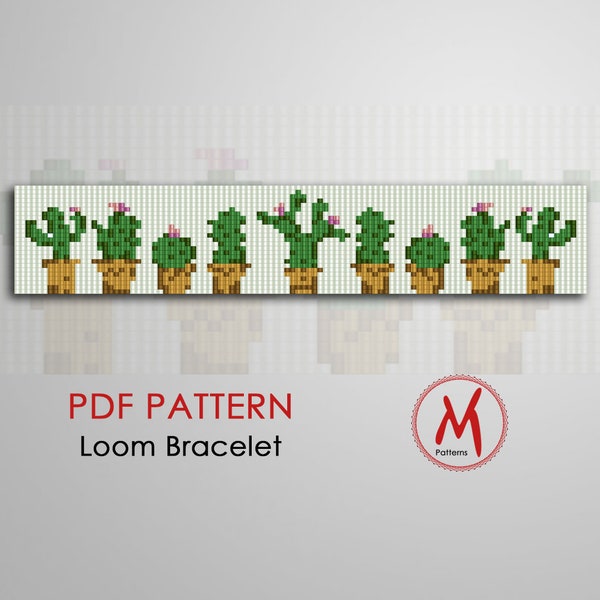 Cactus Loom bead pattern for bracelet - Floral green, native inspired, indian pattern, miyuki delica beads 11/0 - PDF instant download