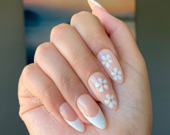 White Flower French Tip Press on Nails