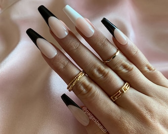 Evelyn Black And White French Tip Nails Etsy