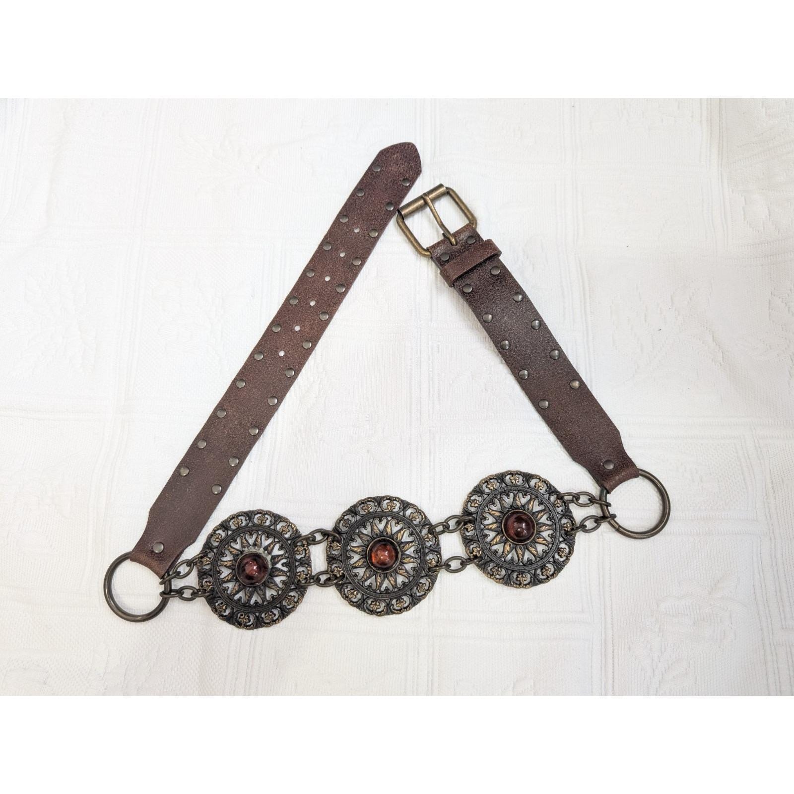 Leather tie belt with 5 large bronze medallions Leather Belt Silver Medallions - Etsy main image 3