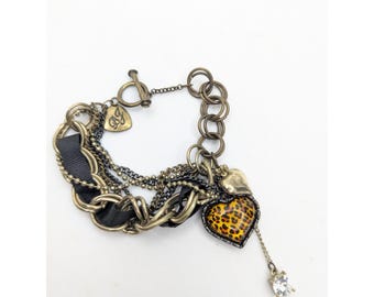 Collier/bracelet Convertible Betsey Johnson - Cœur Léopard, Fausses Perles, Or