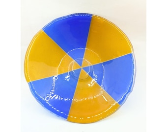 Art glass Bowl uneven edge iridescent bottom  nuclear circus Geometric 9.75"