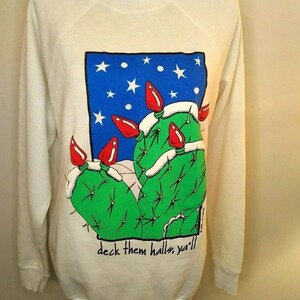 Udekoruj te korytarze, wszyscy, świąteczny sweter unisex XL zabawny kapryśny Vintage 1989 Paramount Sportswear lekki na śnieżnym kaktusie
