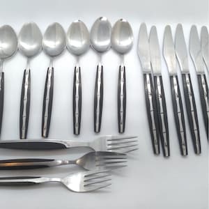 Vintage MCM Japan black on stain steel 13 Bamboo Pieces and one starburst stainless bundle flatware 14 Pieces ONLY please read description