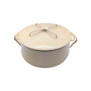 May include: A cream-colored enamel cast iron pot with a lid and a metal handle on each side. The lid has a metal cross-shaped handle.