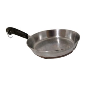 May include: A stainless steel frying pan with a black handle and a hanging loop. The pan has a rounded shape and a silver finish. The handle is riveted to the pan. A kitchenware item.