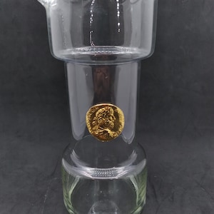 Mid-Century Modern Glass Cocktail Pitcher With Raised Antique Gold Finish Medallion Coin Design
