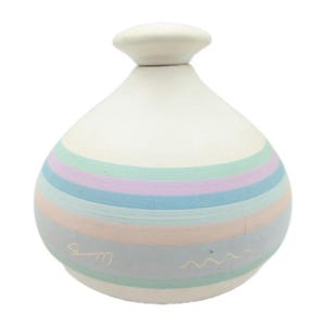 Southwest Etched Pottery lidded Vase pastel color etched signed 5.6"