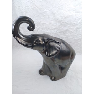 VTG HAEGER USA Art Pottery Large metallic silver grayish tone Elephant Trunk Up 16&quot;