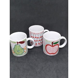 Vintage retro set of 3 vintage Japan Fruit apple, pear, and apple themed mugs