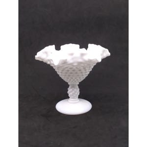 Vtg Fenton White Hobnail Milk Glass Ruffled Pedestal footed small Compote Bowl