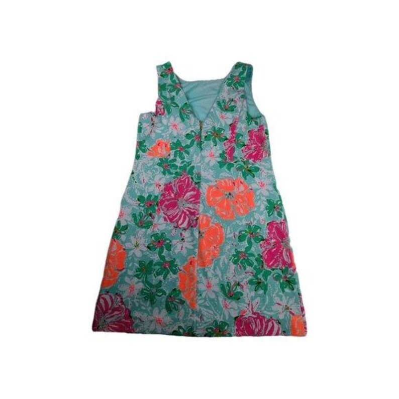 May include: A sleeveless dress with a V-neckline, featuring a vibrant floral pattern. The dress showcases large flowers in shades of pink and orange, set against a light blue background with green foliage. The dress is a knee-length style.