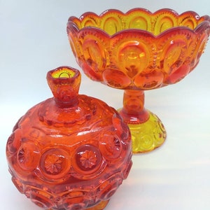 L E Smith Moon and Stars Amberina Compote and Candy dish with lid