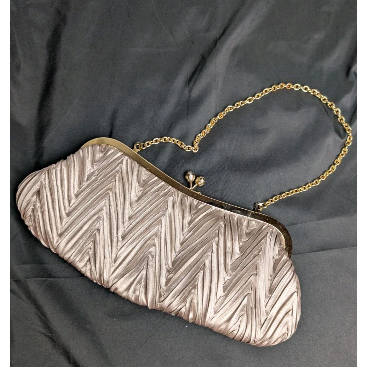Jessica Mcclintock Clutch Satin Gold Chain Vintage Crinkle