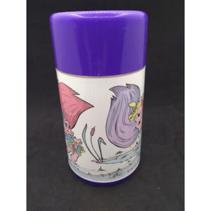Vintage drink bottle thermal 1995 Ace Novelty Aladdin Purple Trolls 6.75&quot;