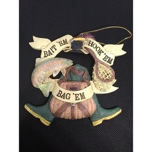 Vtg. Köder Em Haken Em Beutel Em Fischen Creel Korb Stiefel Forelle Netz Xmas Ornament