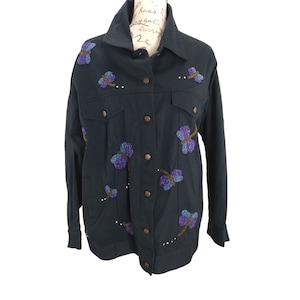 Vtg. Quacker Factory Embellished/pearl beaded Dragonflies button Jacket Large