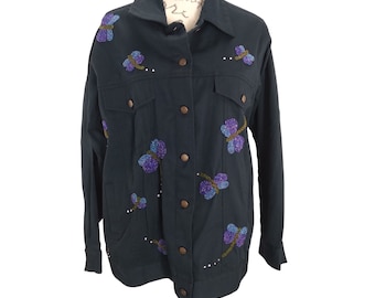 Vtg. Quacker Factory Embellished/pearl beaded Dragonflies button Jacket Large