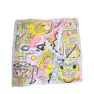 Vintage unique Tribal Mask Warrior Vibrant Mayan African? Square Scarf READ 25.5&quot;