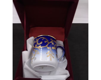 Kutahya Porselen Ręcznie wykonany niebieski i złoty zwój biały porcelanowy kubek z pudełkiem
