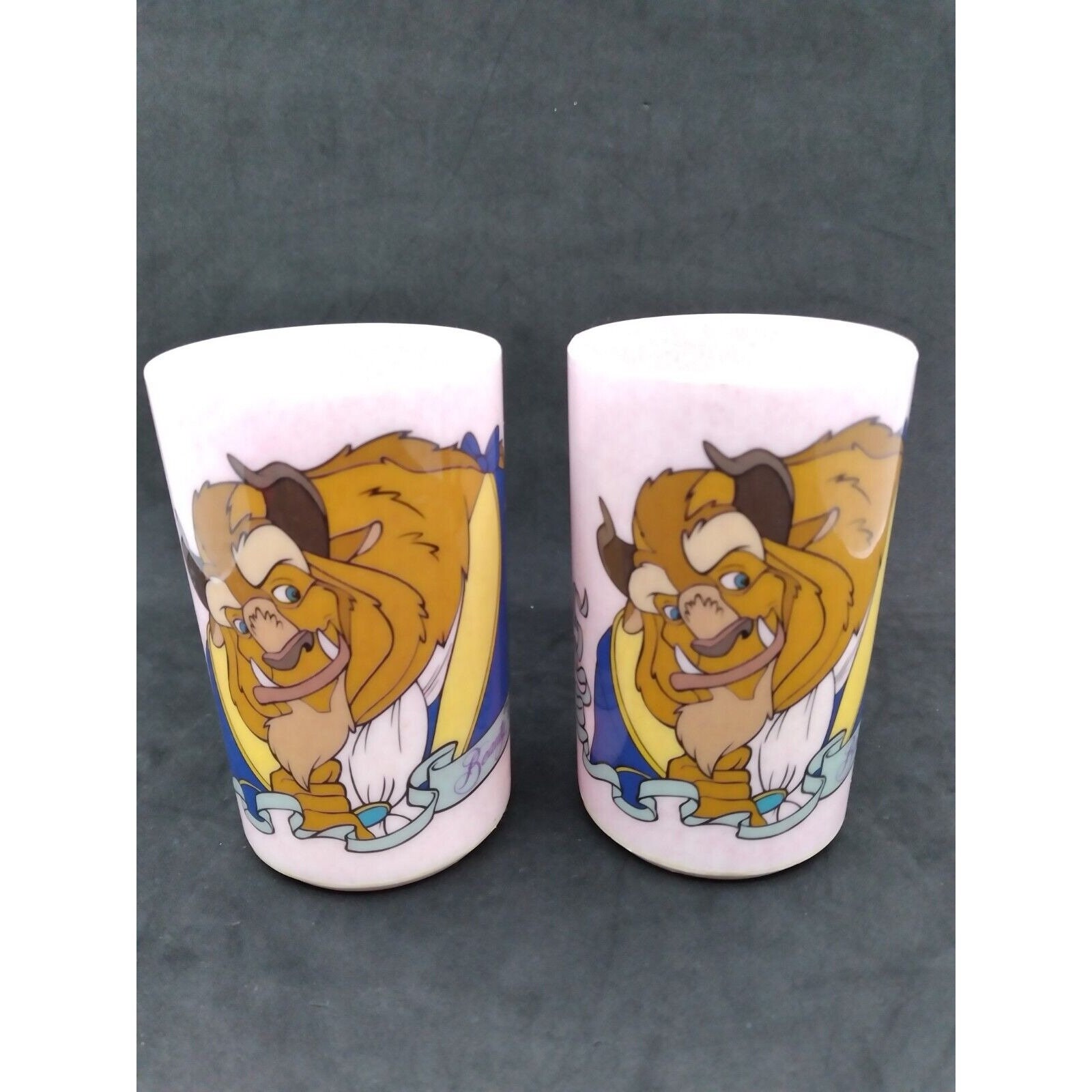 Two Vintage Beauty & Beast Plastic Cups 4"
