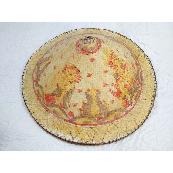 Vintage Hat Asian Conical Decorated Painted Farmer Style  display picture 3