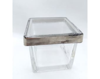Mette Ditmer Dansk Denmark MCM style Square Clear Glass Silver Band Lidded Jar